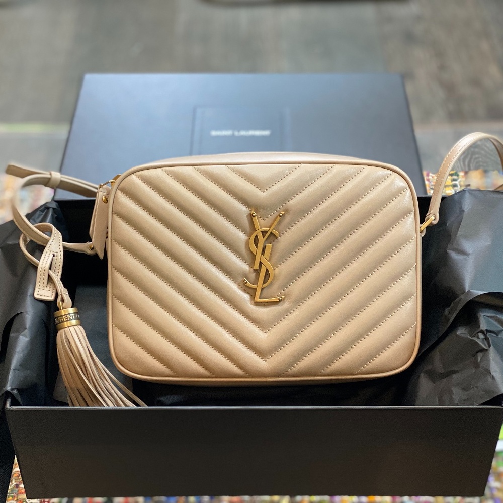 Saint Laurent Lou Camera Bag in Beige Quilted Calfskin Leather